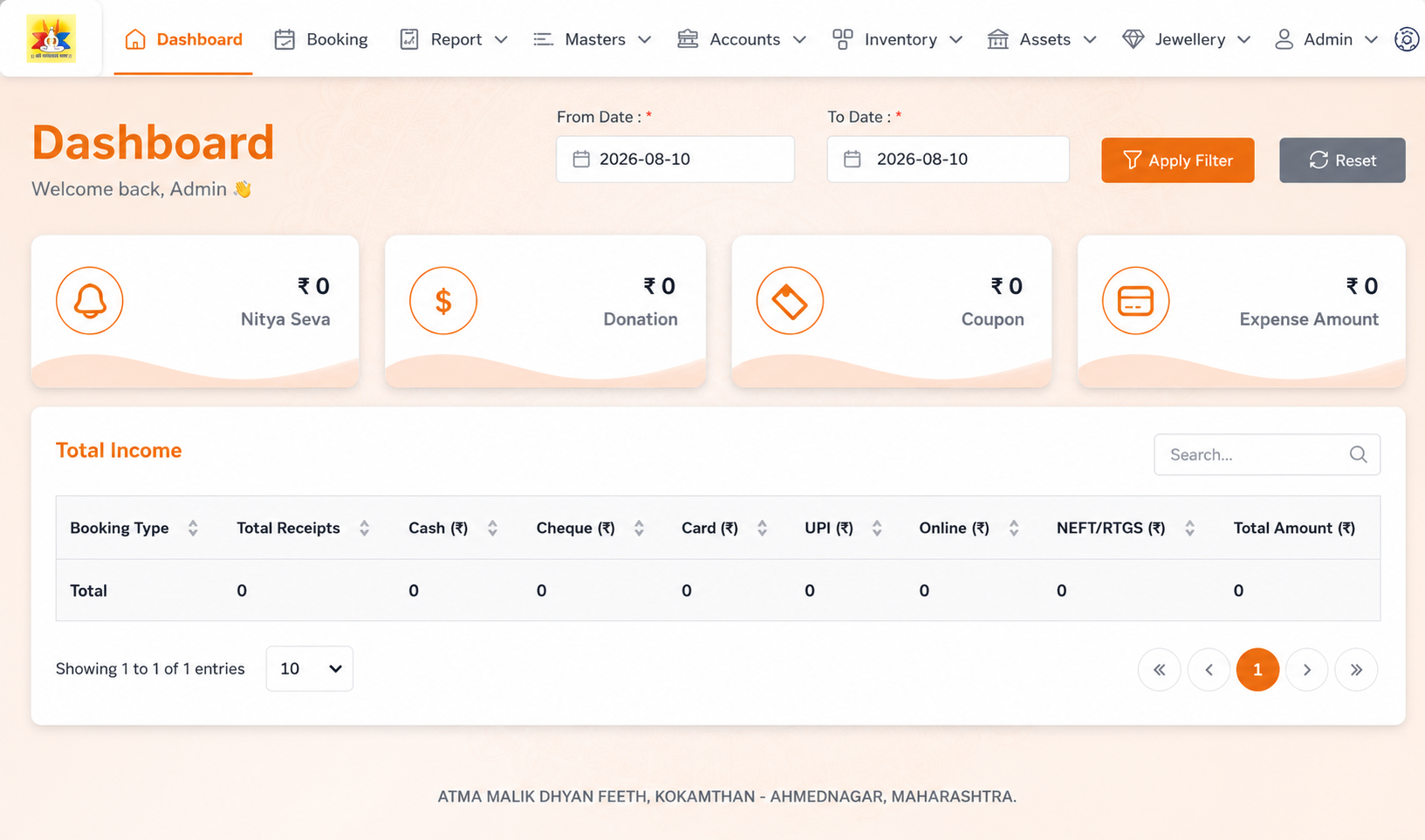 Devasthanam Management System dashboard showing daily financial summary and total income by booking type