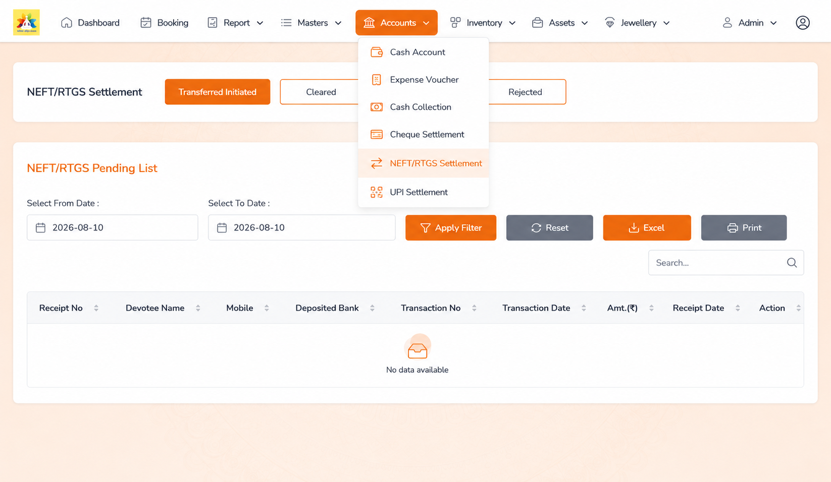 Devasthanam Management System dashboard showing daily financial summary and total income by booking type