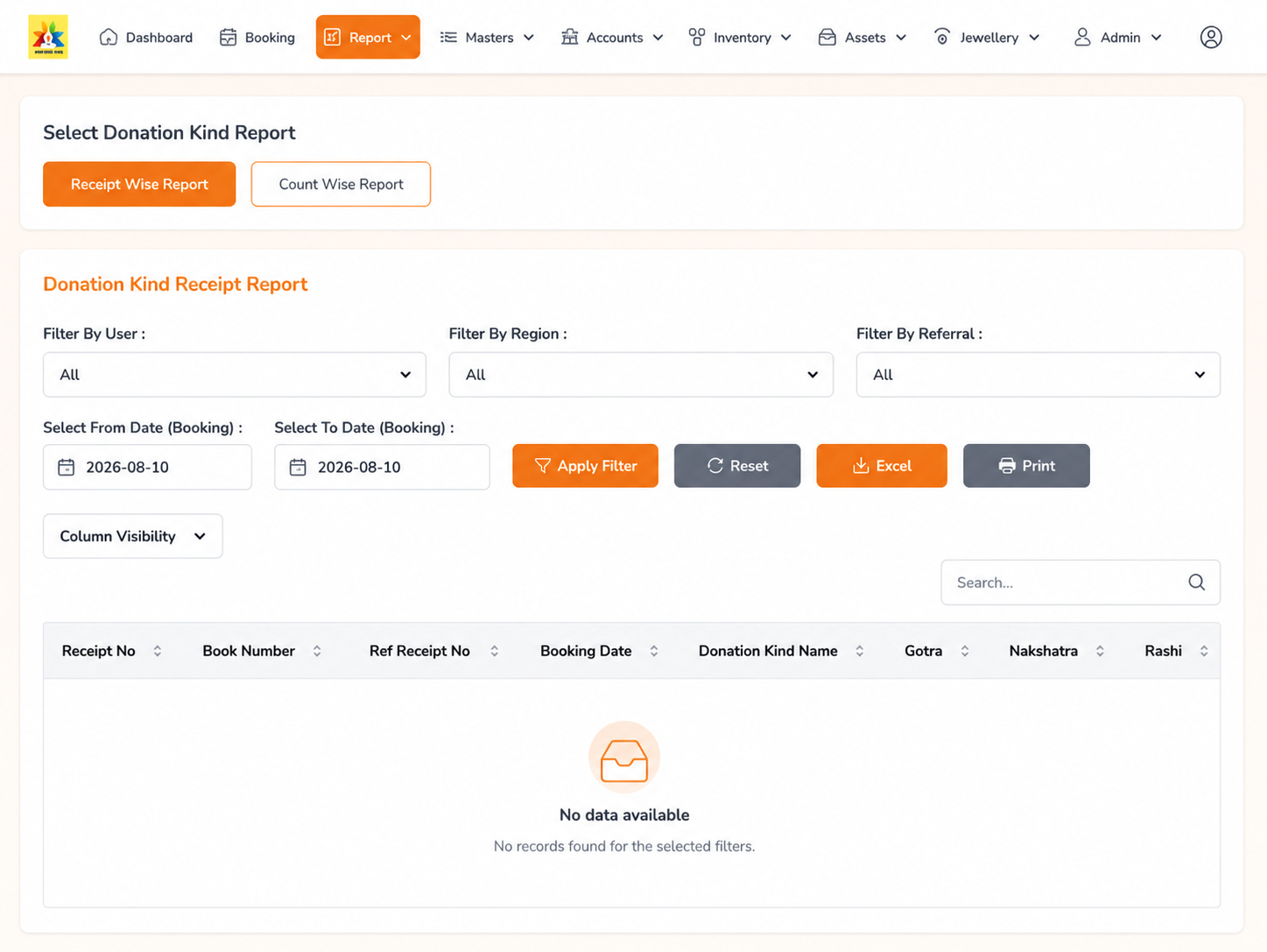 Nitya Seva receipt wise report with payment mode filters and totals