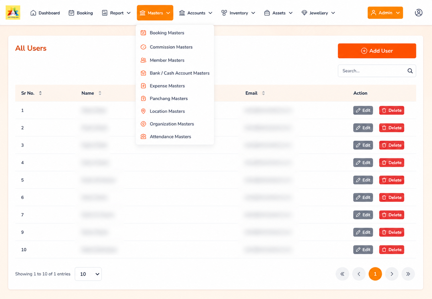 User management screen listing admin and counter users with roles