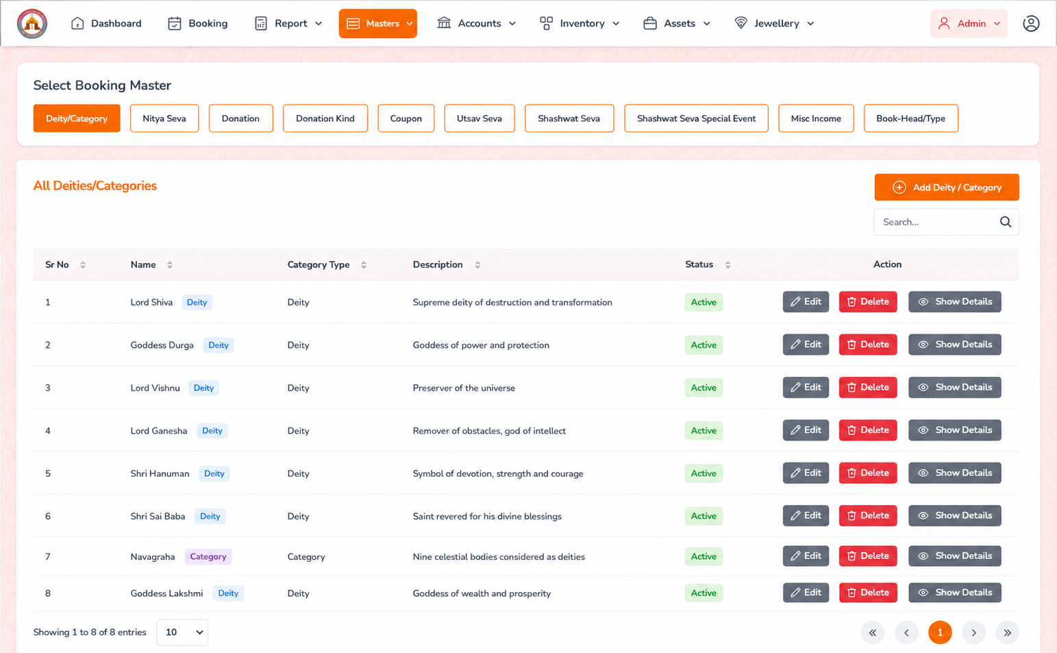 Booking masters screen listing deities and categories used across seva bookings