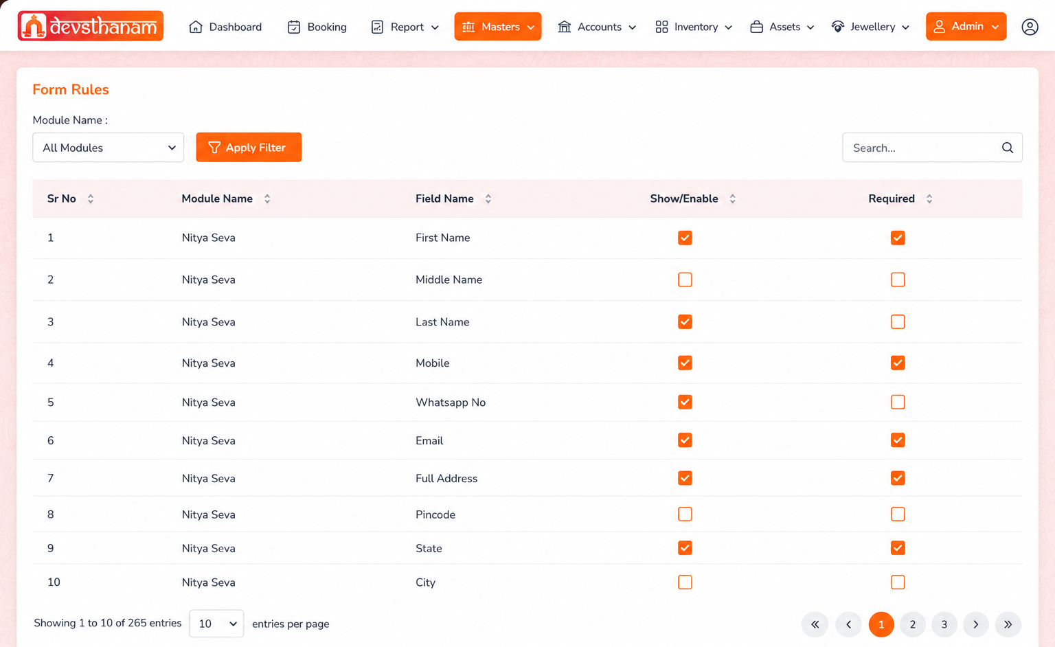 Custom booking form configuration with per-field show and required rules per module