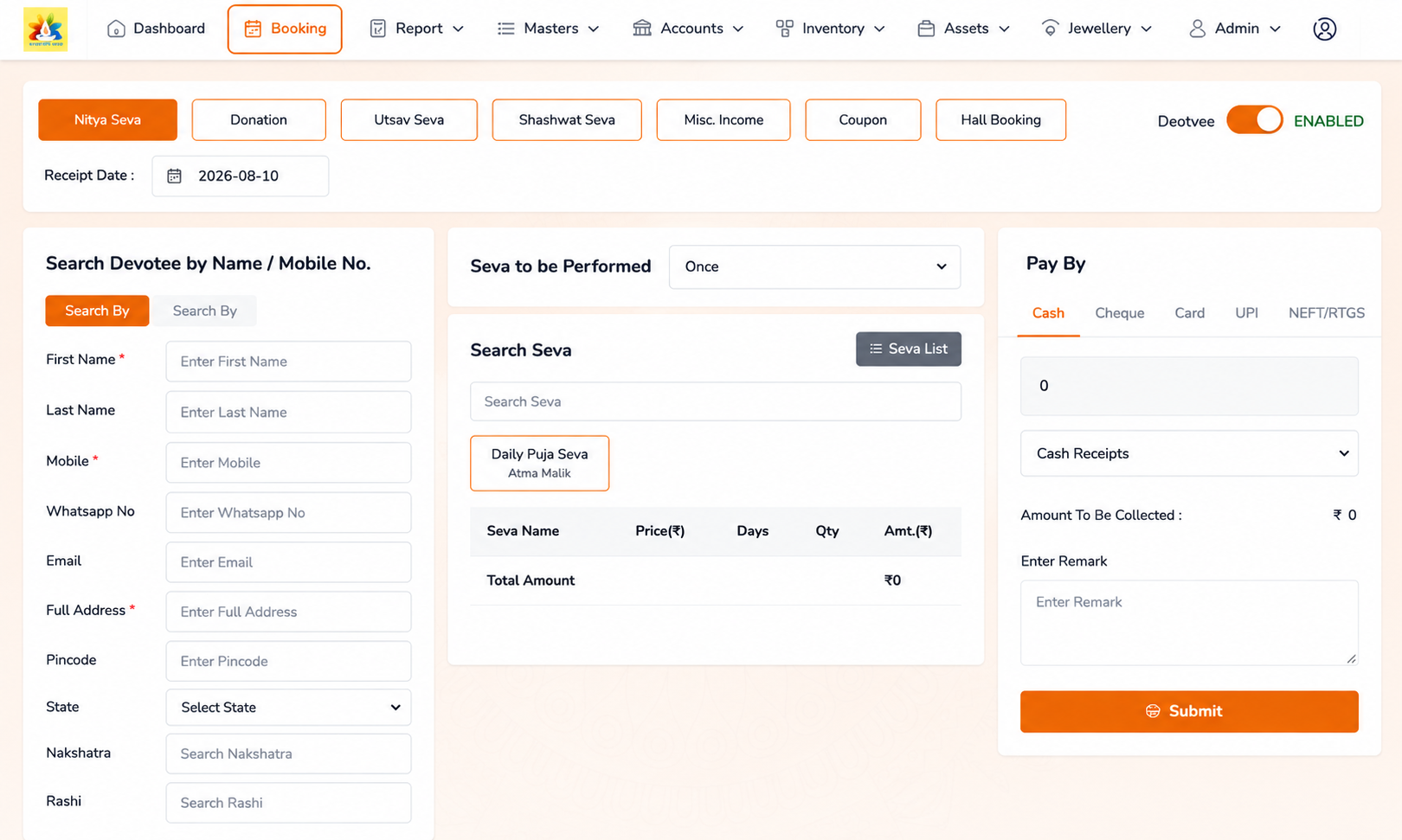 Nityaseva and special seva booking screen with devotee search, seva selection and payment options