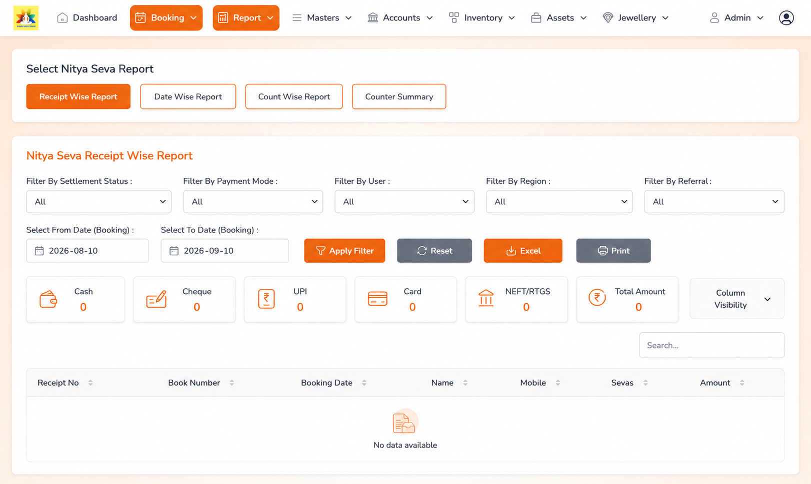 Nitya Seva receipt wise report with payment mode filters and totals