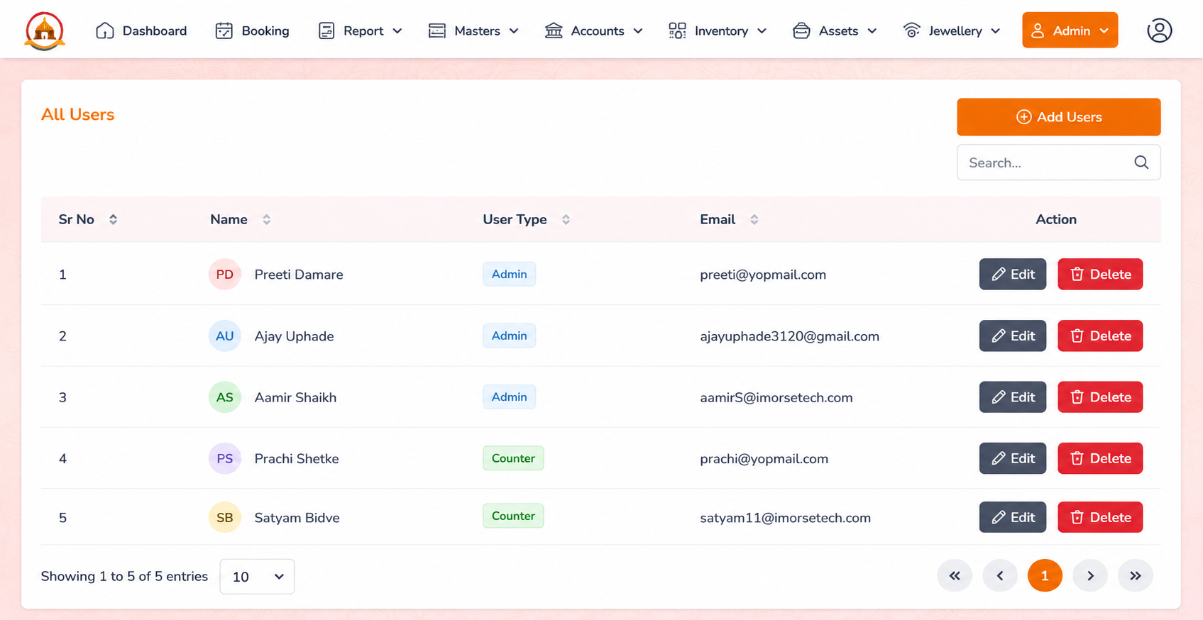 User management screen listing admin and counter users with roles